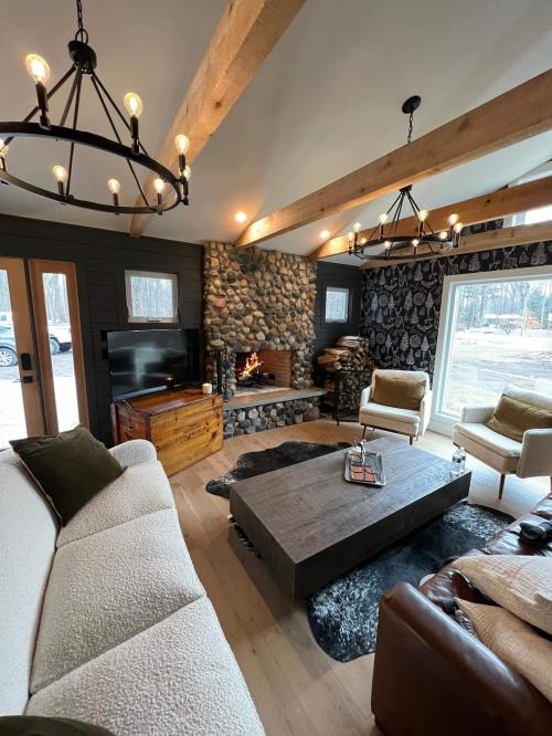 Barn & Beach Main House living room and fireplace in Union Pier, MI.