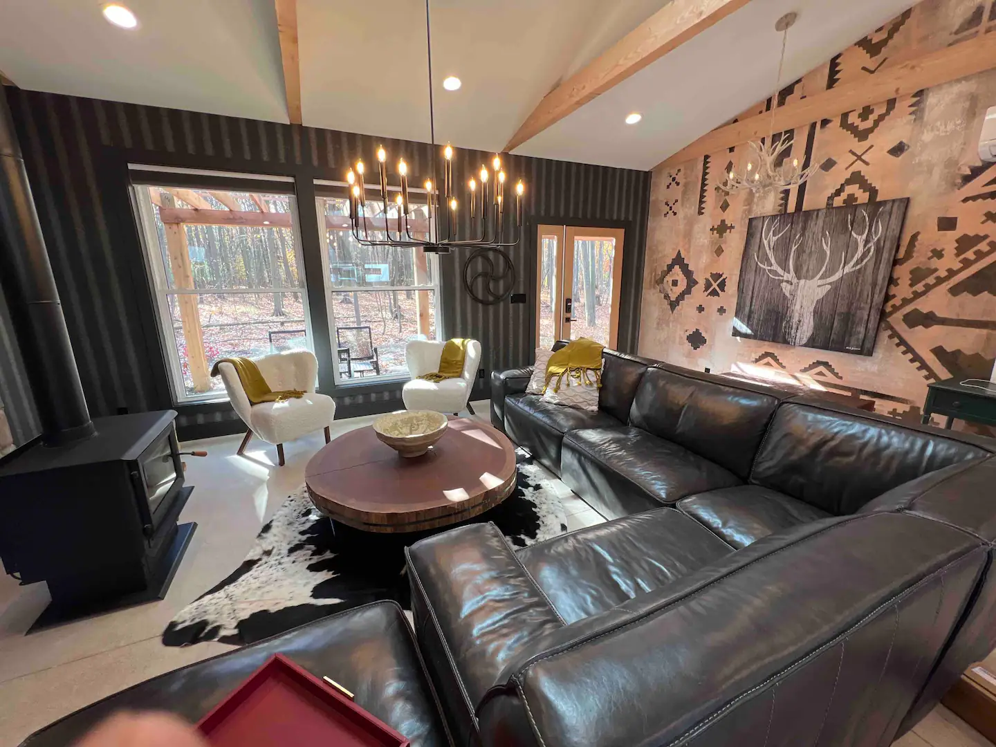 Mid-Century Modern Ranch living room, dining area, and kitchen in Union Pier, MI.